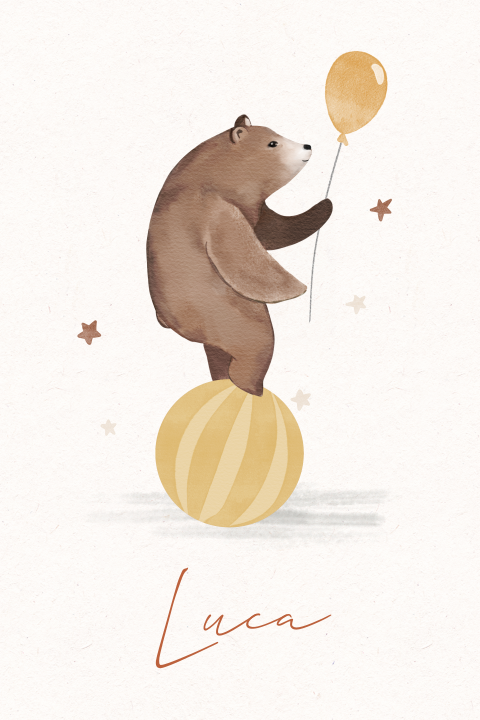 Vintage geboortekaartje jongen met beer en ballon