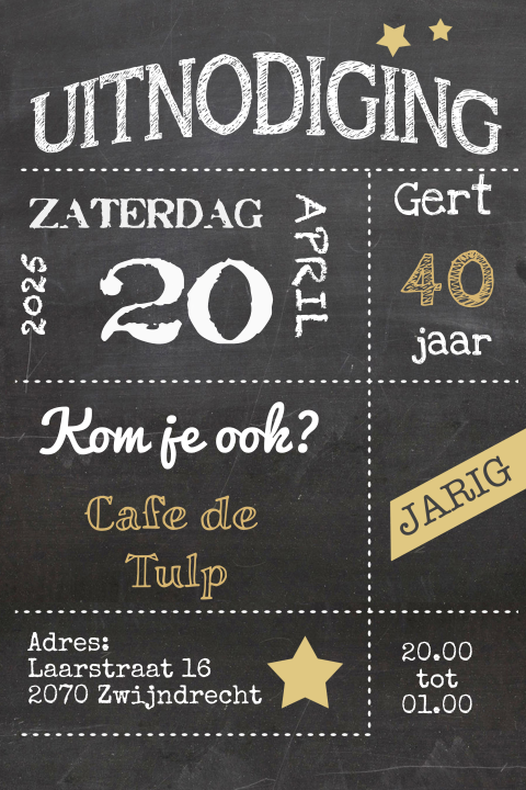 Stoere uitnodigingskaart 40e verjaardag krijtbordlook