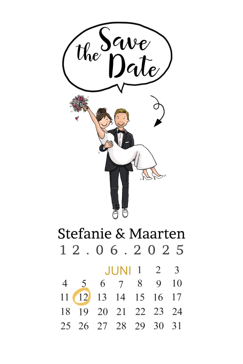 Vrolijke Save the Date met tekening bruidspaar en kalender