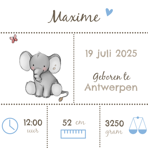 Lief geboortekaartje met olifant