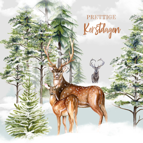 Kerstkaartje met rendieren in een bos vol sneeuw