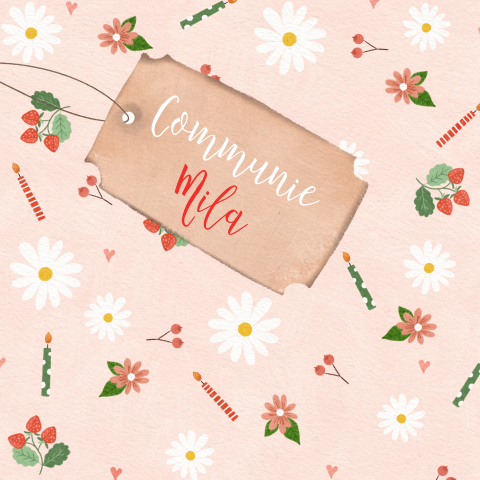 Communiekaart meisje met kaarsjes en bloemen