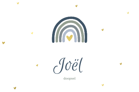 Eenvoudig doopkaartje met regenboogje en gouden hartjes