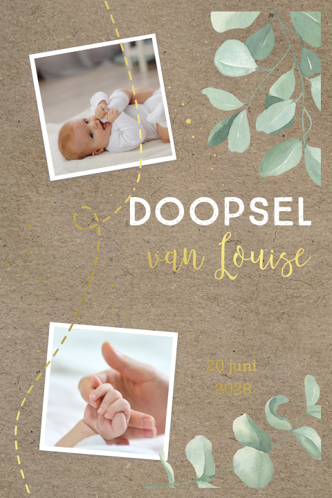 Doopkaartje met eucalyptusblaadjes, foto's en goudfolie