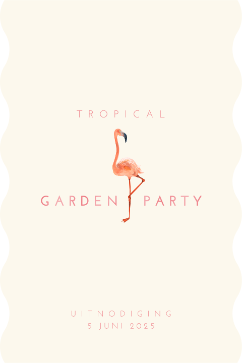 Tropical party uitnodiging met flamingo en tekst in hoogglans