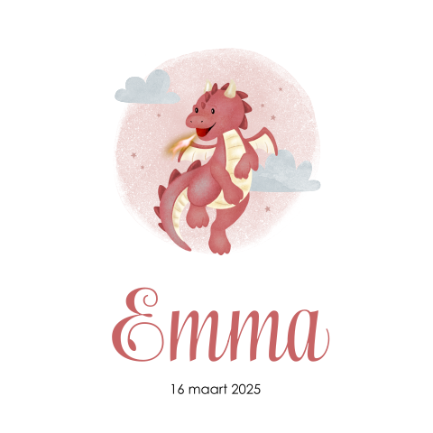 Grappig geboortekaartje met draakje en roze glitters