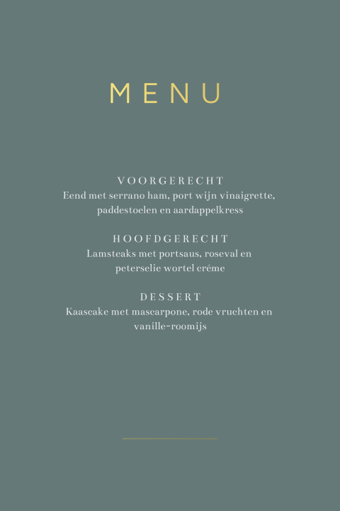 Menukaart in eenvoudig design met dubelzijdig goudfolie tekst