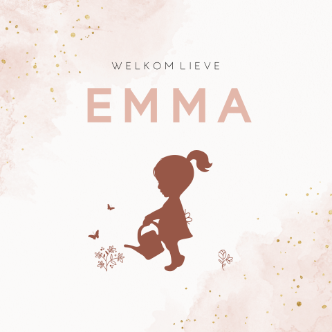 Lief babykaartje met silhouet van meisje dat bloemetjes water geeft
