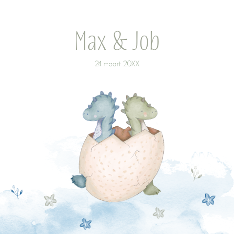Vrolijk geboortekaartje met twee dino's uit een eitje en watercolor