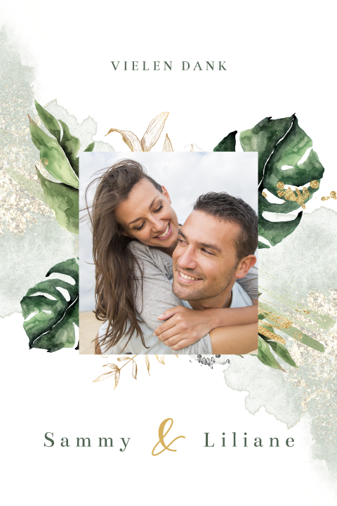 Bedankkaart met foto, groene en gouden takjes