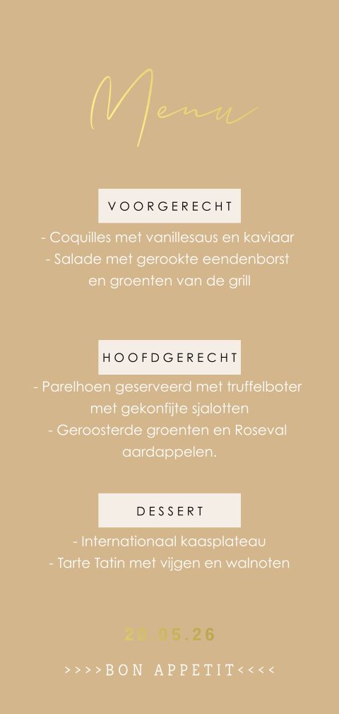 Menukaart in zandkleur en goudfolie