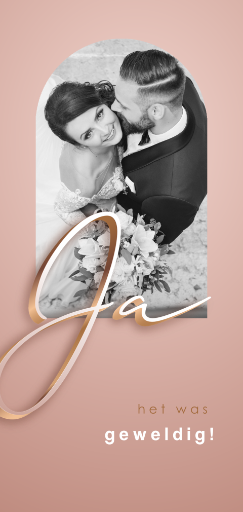 Moderne bedankkaart met foto en "Ja" in relief op oudroze