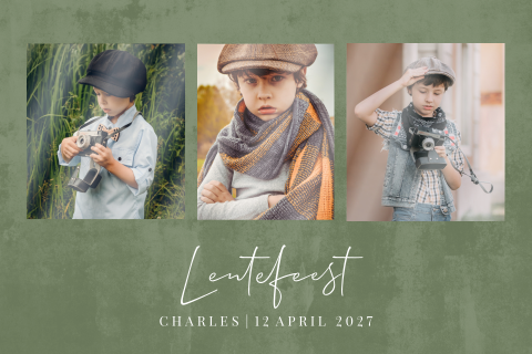 Stoere communiekaart met foto's in hoogglans op groene achtergron