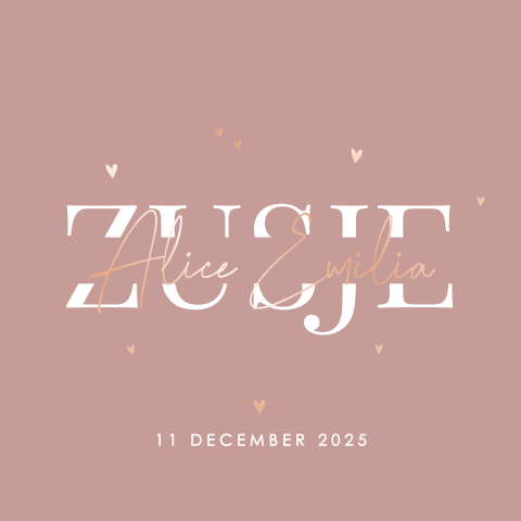 Lief geboortekaartje met roségoudfolie hartjes - meisje