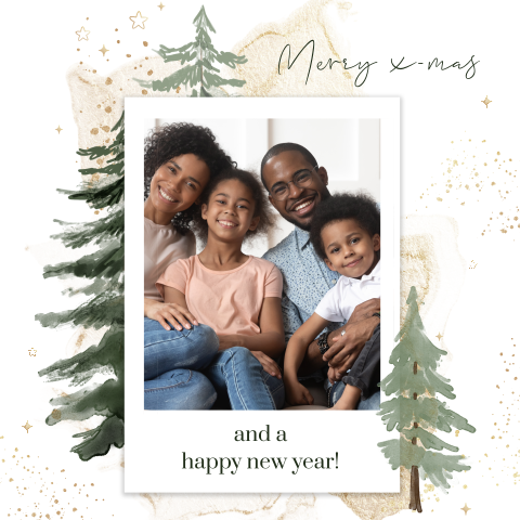 Hippe kerstkaart met polaroid en kerstbomen
