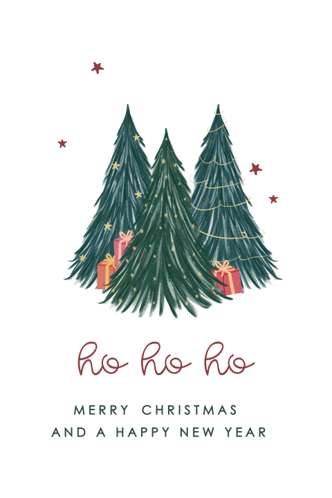 Hippe kerstkaart met kerstbomen en sterretjes