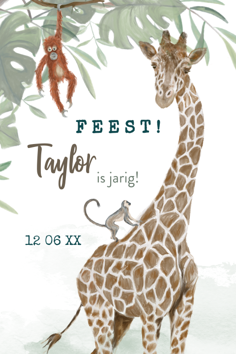 Feest uitnodiging voor een verjaardag met een giraf en aapjes