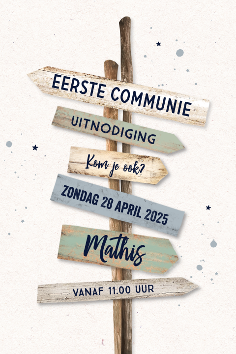 Hippe communiekaart met wegwijzer in blauw