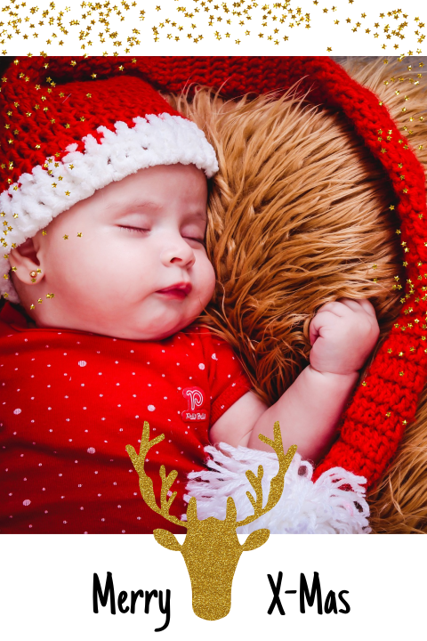 Hippe kerstkaart met goudkleurige sneeuwvolkjes, rendier en foto