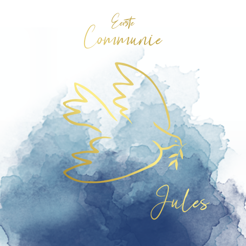 Trendy communiekaart met aquarel en goudfolie duif