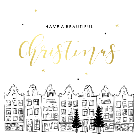 Goudfolie kerstkaart met huizen in zwart wit