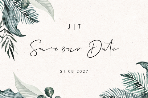 Stijlvolle save the date kaart met handgeschilderde jungle bladeren