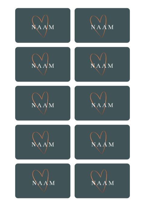 Naamkaartje met hartje in koperkleur en naam 