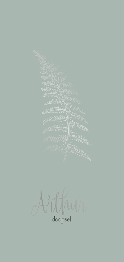 Elegant, groen doopkaartje met een varentak in zilverfolie