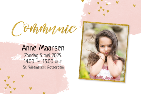 Hippe uitnodiging communie meisje met roze waterverf en goudkleur