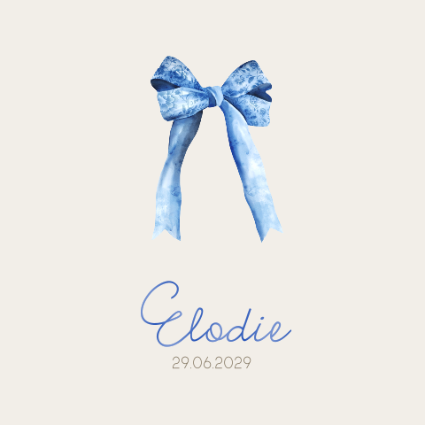 Geboortekaart beige met blauw strikje met bloemen