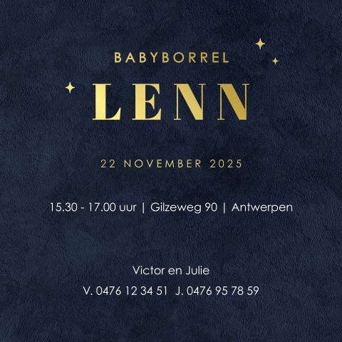 Babyborrelkaartje voor jongen met goudfolie op donkerblauw velvet-look