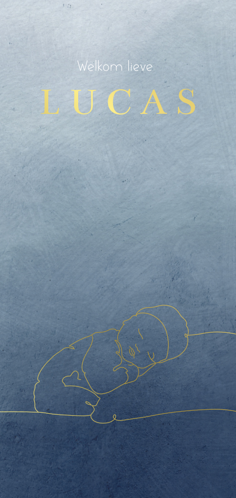Geboortekaart met lijntekening baby in goudfolie