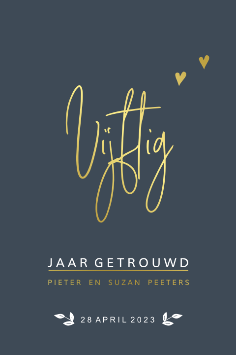 Hippe uitnodiging 50 jarig huwelijksjubileum met goudfolie