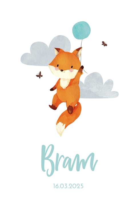 Lief babykaartje met vosje en blauwe ballon