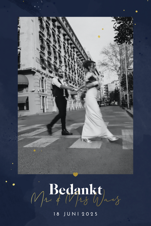 Bedankkaart in donkerblauw met foto en goudfolie