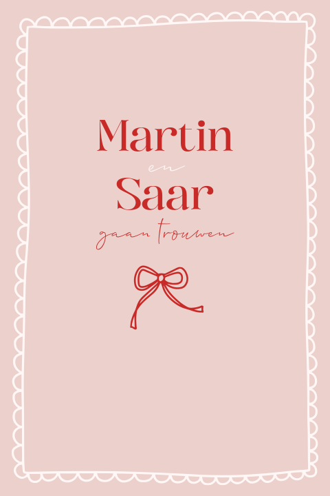 Trouwkaart met rood golfjes rand met roze