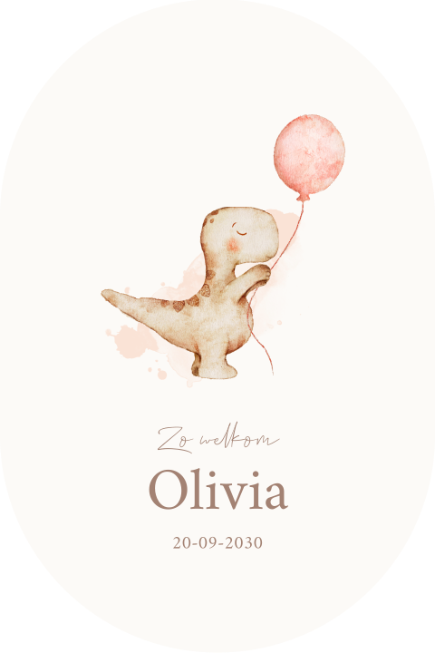 Schattig geboortekaartje met baby dino en roze ballon