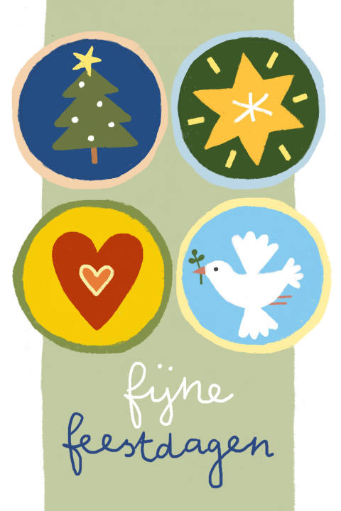 Vrolijke kerstkaart met vier kerst illustraties