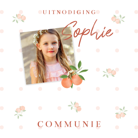 Communiekaartje meisje met foto en sinaasappeltjes