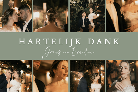 Stijlvolle groene bedankkaart met 8 foto's