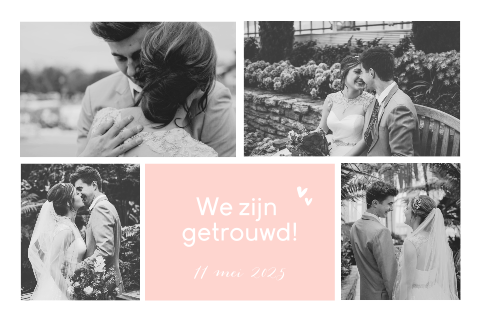 Kaart "we zijn getrouwd" met foto's en hartjes op roze achtergrond
