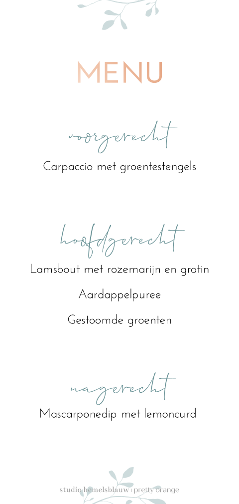 Menukaart voor 21 diner met roségoudfolie tekst en bloemen