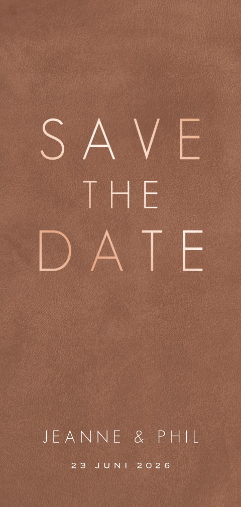 Chique save the date kaart met roségoudfolie op lederlook