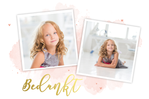 Bedankkaart communie met polaroid, goudfolie en roze waterverf