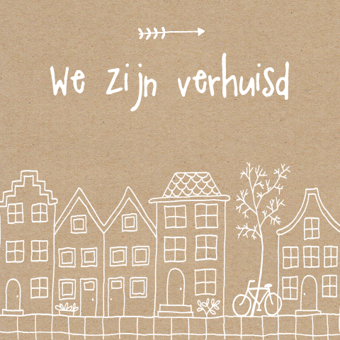 Verhuiskaart met witte grachtenpanden en fiets op kraftlook