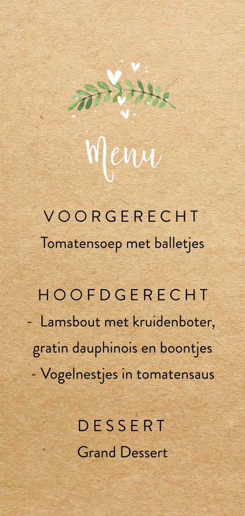 Menukaart met takje en hartjes op kraft-look