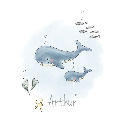 Schattig geboortekaartje met tekening van walvis in oceaan