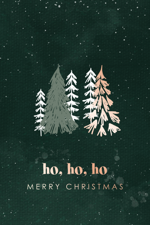 Hippe kerstkaart met kerstbomen en details van roségoudfolie