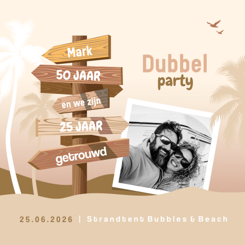 Dubbele feestuitnodiging in strand thema met foto en wegwijzer