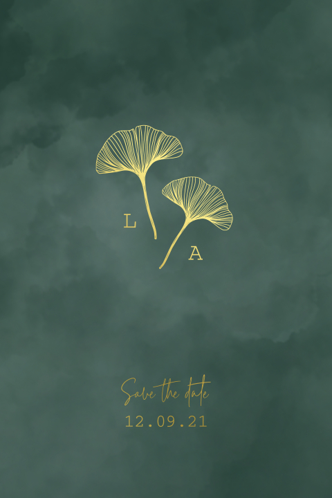 Save the date kaart met goudfolie ginkgo blad en initialen